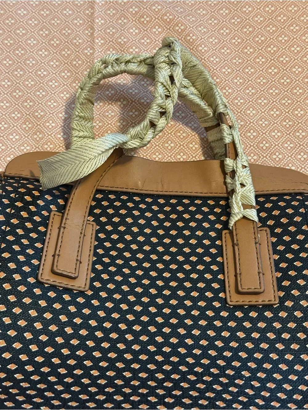Fossil Black and Tan Patterned Satchel with White Sides